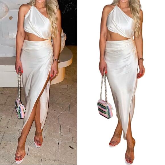 The Sei One Shoulder Cutout Ruched Draped White Silk Midi Dress Size 10 - Picture 1 of 10